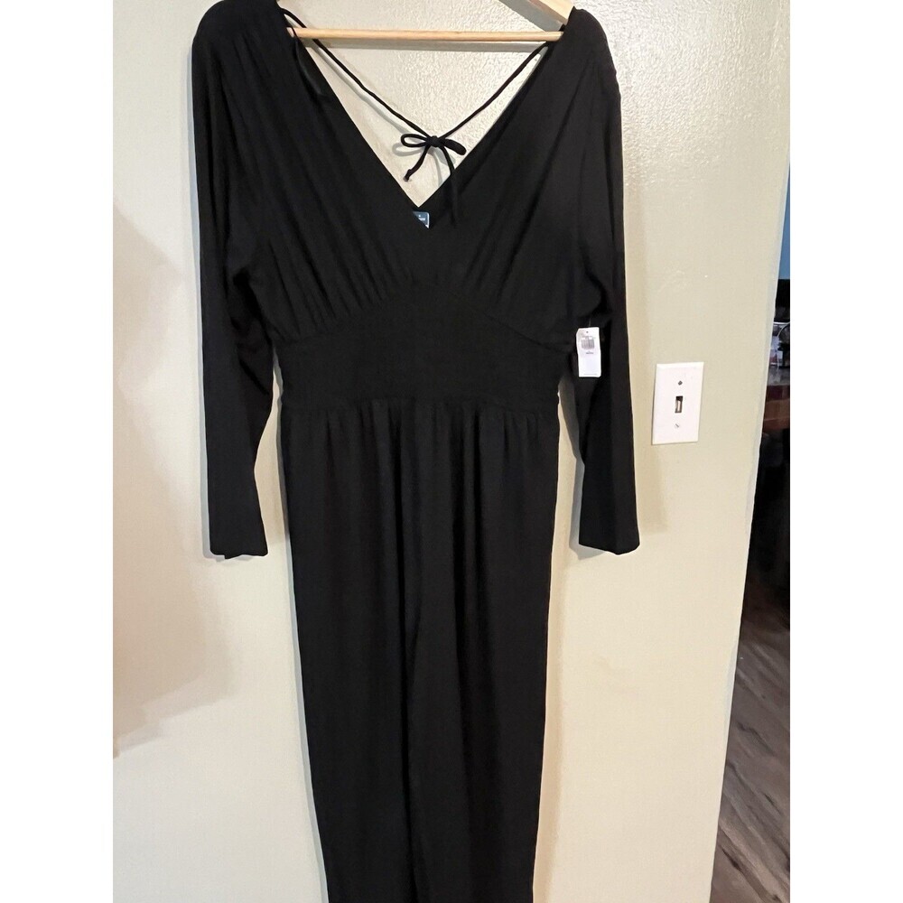 Old Navy Womens Wide Leg V Neck Black Smocked Waist Soft Jumpsuit LP NWT